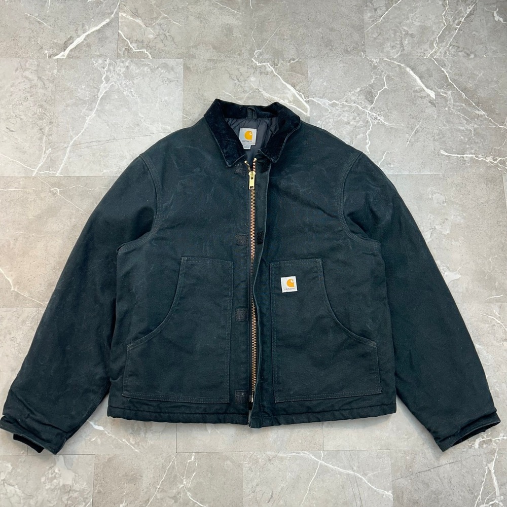 Carhartt Jacket Mens Large J002 BLK Arctic Quilt Distressed Workwear Bomber Coat